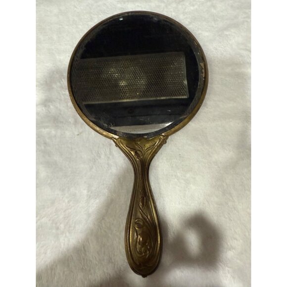 Antique Ornate Brass Hand Mirror With Cherub & Floral Design & Detailed Handle - Picture 7 of 13